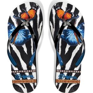 Brighton Masai flip flops butterfly charm black and white zebra print S 10